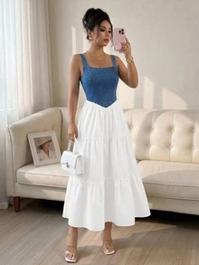 GlowEve CURVE Plus Size Women's Colorblock Pleated Casual Summer Denim Dress - Multicolor - View 3