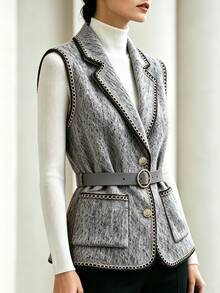SHEIN Franclia Women's Elegant Gold Trim Woven Tape Edged Vest Jacket, Suitable For Daily Layering And Dining - Grey - View 5