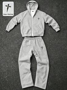SHEIN Teen Boy Cross Pattern Hoodie And Pants Casual Daily Outfit - Grey - View 7