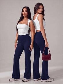 SHEIN Tall Women's Solid Color Slim Fit Versatile Daily Wear Flare Pants - Navy Blue - View 10