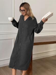 Livesso Women's Solid Color Casual Daily Home Long Sleeve Robe - Dark Grey - View 6