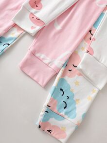 SHEIN (5套隨機發送 1套女童幼兒針織圓領長袖上衣與長褲 白色 藍色 粉色 雲朵愛心蝴蝶結卡通圖案 可愛簡約休閒舒適柔軟貼身家居服 適合四季) - 彩色 - 查看 6