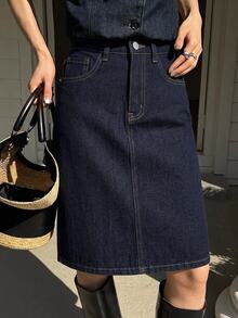 DAZY Women's Regular Mid-Waist A-Line 5-Point Denim Skirt, Casual Elegant Skirt - Dark Wash - View 4