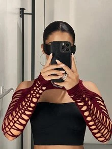 SHEIN ICON Cut Out Super Black Crop Top Without Bra - Burgundy - View 7