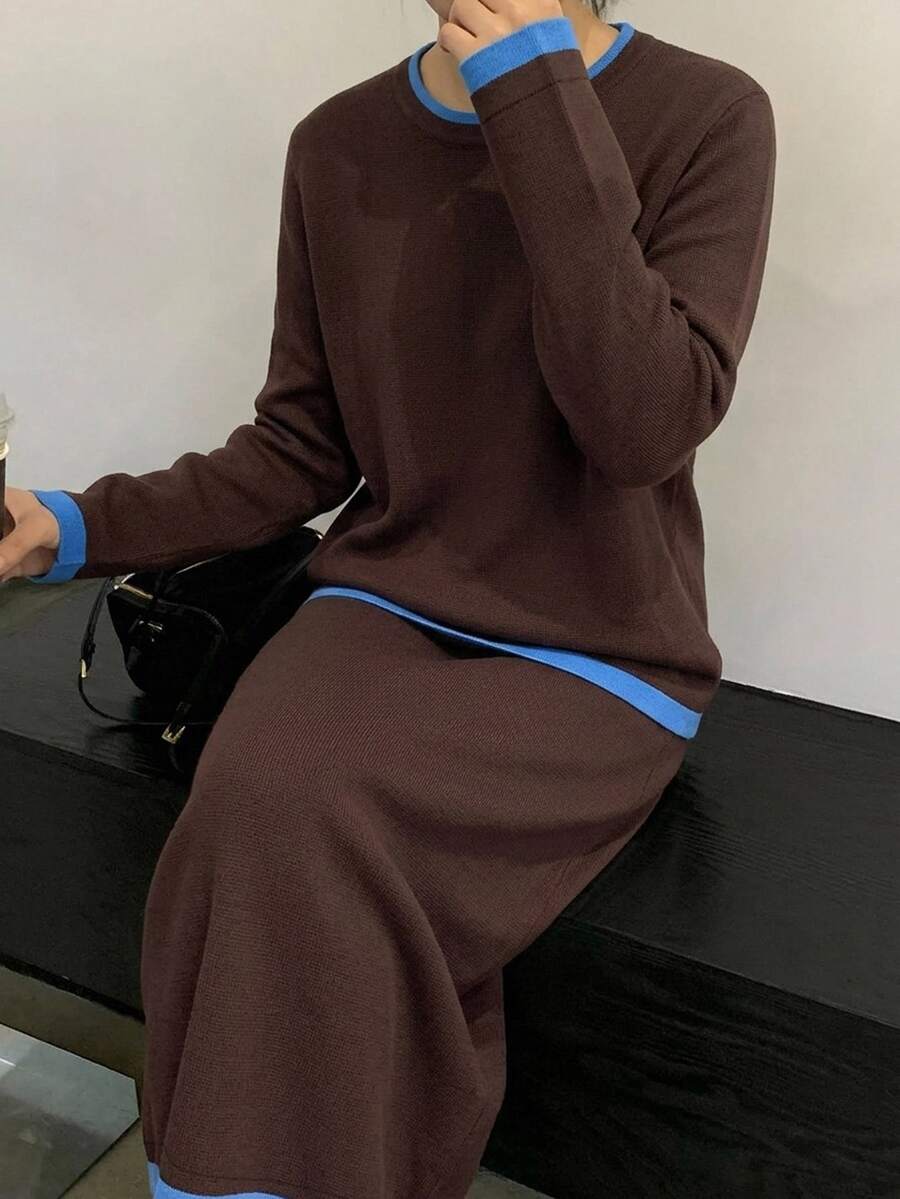 Livesso Women's Contrast Color Long Sleeve Sweater And Long Skirt 2 Pieces Set - Coffee Brown - View 1