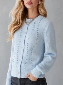 SHEIN Cardigan Rajut Mutiara Imitasi Elegan untuk Wanita - Baby Blue - View 3