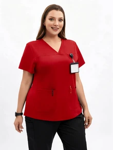 TaskEZ Plus Size Women's Nurse Scrub Uniform Top Black Renaissance Work Clothes Multi Pocket Short Sleeve V Neck Micro Stretch Jogging Wear Beautician Top - Red - View 4