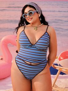 Swim Mod Plus Size Women 2 Pieces Random Geometric Square Print Fashion Vacation Casual Minimalist Slimming Tummy Control Conservative Bow Adjustable Thick Strap High Waist High Leg Triangle Bikini Swimsuit 2026 New Style - Blue - View 5