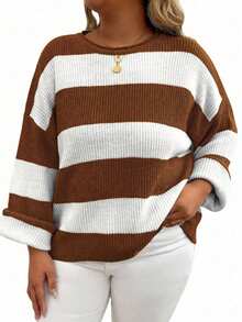 EMERY ROSE Plus Size Women's Striped Drop Shoulder Crew Neck Casual Pullover Sweater - Camel - View 1