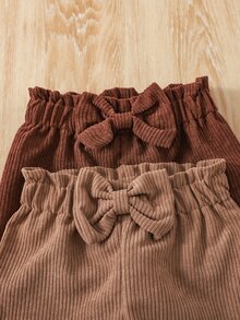 SHEIN Vintaside Kids 2件組女嬰燈芯絨長褲，可愛甜美棕色卡其色，彈性紙袋腰頭、前綴蝴蝶結，休閒戶外生日派對秋季舒適度假長褲 - 彩色 - 查看 6