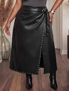 Slaydiva Plus Size Wrap Front Tie Maxi Skirt, High Waist Split Long Skirt With Side Pocket, Elegant Curvy Daily Bottoms Fall - Black - View 5