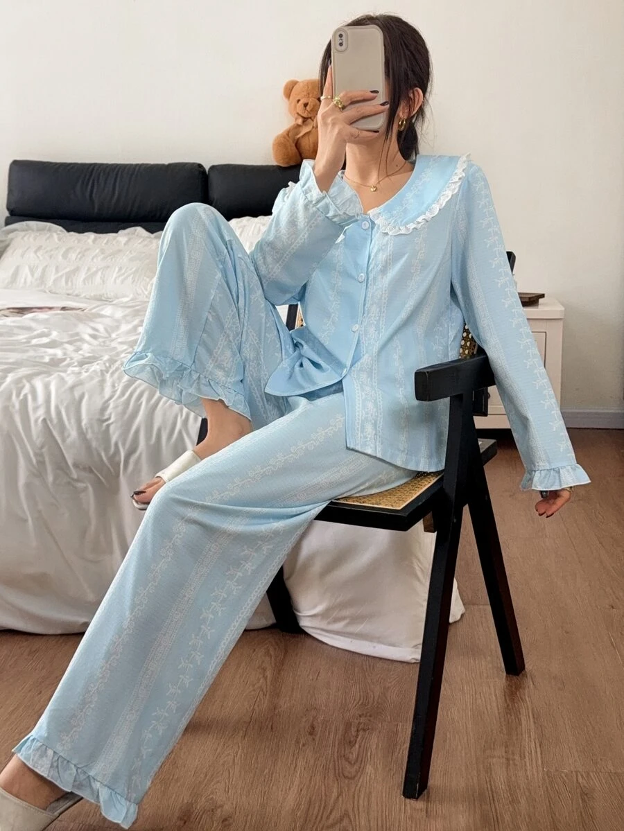 Napfluff Women's Striped Floral Solid Color Fresh Print Long Sleeve & Long Pants Pajama Set, Special Collar Design, Lace Trim Decoration, Cute Style, Comfortable Home Wear, Suitable For All Seasons - Blue - View 1