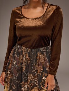 Freevana 2 In 1 Velvet Maxi Dress With Paisley Skirt, Boho Layered High-Waist Long Sleeve For Autumn - Brown - View 8
