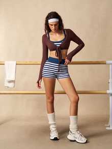 VARSIVA Women's Striped Bra And Shorts Sports Set - Navy Blue - View 5