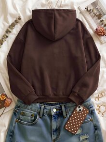 SHEIN EZwear 秋季新款字母印花連帽長袖寬鬆加厚女款運動衫，適合秋冬/冬季，秋冬/冬季風格，適用於日常通勤、約會、聚會、秋冬/冬季、夏季、派對、婚禮、海灘、畢業典禮等場合，優雅休閒，適合出遊、Y2K風格、音樂節等場合 - 棕色 - 查看 2