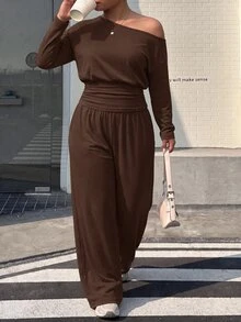 Muchica 大尺碼女款純色不對稱肩長袖上衣與長褲休閒日常兩件套 秋季 - 巧克力棕 - 查看 6