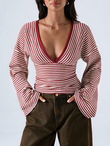 LYSMO 大尺碼女款條紋撞色V領休閒日常T恤 - 紅白色 - 查看 3