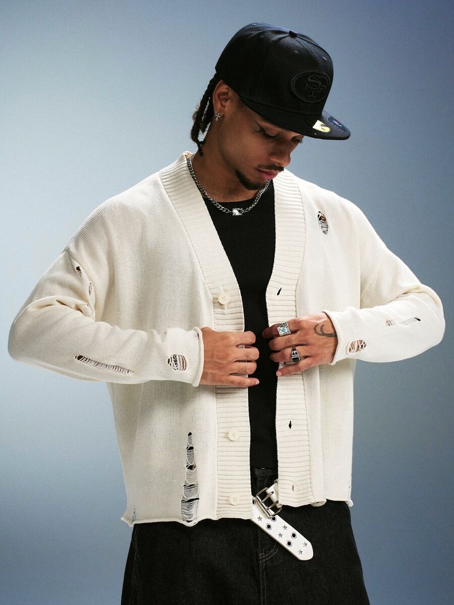 PAVTROS Men's Distressed Design Casual Versatile Daily Wear Cardigan - Apricot - View 1