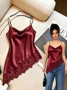 SHEIN Women's Elegant Lace Casual Satin Black Camisole Top, Black Elegant Cami Top, Commuter, Social - Burgundy - View 3