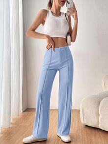 SHEIN EZwear 女款素色直筒西裝長褲 秋冬款 - 藍色 - 查看 4