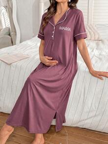 Moonlight&Mama Solid Color Comfortable Fabric Letter Print MAMA Front Pocket Button-Up Short Sleeve Maternity Long Dress Nightgown - Red Violet - View 5