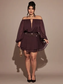 Gossip Girl X SHEIN SHEIN BAE CURVE Plus Size Women Solid Color Off-Shoulder Casual Everyday Summer Mini Dress,Red-Brown Mesh Off-Shoulder Deep V-Neck Lantern Long Sleeve Wide Waist - Coffee Brown - View 3