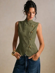 Poéselle 女款純色金屬鈕扣前開襟休閒背心外套 - 軍綠色 - 查看 7