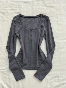 Attitoon Women's Korean Style Textured Button Long Sleeve T-Shirt For Daily Wear And Vacation - Grey - View 1