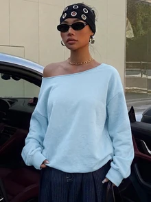SHEIN EZwear 淺藍色女款露肩寬鬆休閒長袖衛衣 34%棉 - 粉色 - 查看 4
