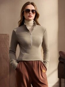 Nima Coro Fashionable Women's Slim Fit Half-Zip Sports Top, Autumn/Winter - Mocha Brown - View 6