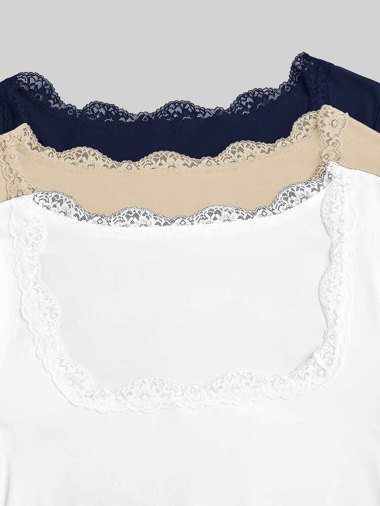Sweetra Fashion Square Neck Contrast Lace Flare Sleeve Elastic Knit Top T-Shirt - Multicolor - View 3