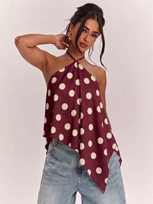 SHEIN BAE Women's Polka Dot Asymmetric Hem Fashion Halter Tank Top - Burgundy - View 4