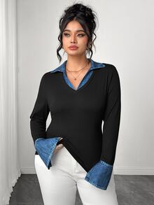 Elenzga بلوزة نسائية مقاس كبير للربيع/الخريف من الدنيم بتصميم مرقع 2 في 1 بياقة على شكل حرف V وأكمام طويلة ضيقة وأكمام جرسية أنيقة - متعدد الألوان - مشاهدة 6