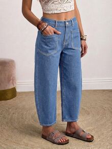 EMERY ROSE Quần jean denim nữ size lớn mặc thường ngày phong cách casual có túi và cúc - Màu xanh lam - Xem 5