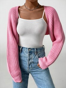 SHEIN PETITE 女款素色長袖無袖休閒針織開襟衫 - 粉色 - 查看 5