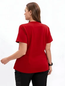 TaskEZ Plus Size Women's Nurse Scrub Uniform Top Black Renaissance Work Clothes Multi Pocket Short Sleeve V Neck Micro Stretch Jogging Wear Beautician Top - Red - View 2