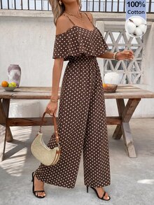 SHEIN Clasi Women's Polka Dot Cold Shoulder Fashion Jumpsuit For Vacation - Coffee Brown - View 4