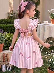 Tween Girl Bow Decor Striped Casual Daily Summer Dress - Multicolor - View 3