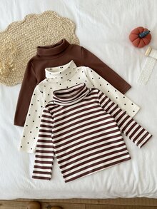 SHEIN Vintaside Kids 3件組幼兒女嬰高領上衣 可愛學院風 棕色白色波點條紋 長袖高領 常規版 生日派對 秋冬毛衣 - 彩色 - 查看 6