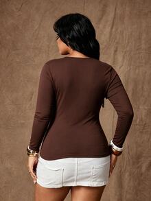Rustia Plus Size Sexy Style Eyelet Lace-Up Long Sleeve T-Shirt - Brown - View 2