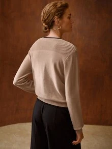 MOTF PREMIUM WOMEN'S COLORBLOCK LONG SLEEVE SINGLE-BREASTED CASUAL KNIT CARDIGAN - Khaki - View 4