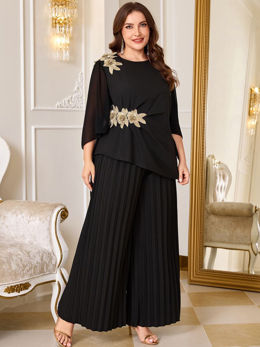 Reflora Plus Size Women's Applique Top And Wide Leg Pants Casual 2 Pieces Set - Black - View 1