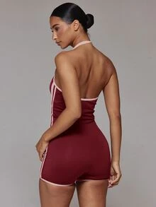 Musera Sport 對比色挖領前襟側條紋低背修身運動連身衣 奶油黃 秋冬健身房 皮拉提斯 健身 日常休閒 - 酒紅色 - 查看 5