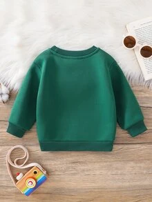 SHEIN بلوزة رياضية كاجوال للأطفال الذكور بطبعة كرتونية للحروف، بياقة دائرية وأكمام طويلة - أخضر عسكري - مشاهدة 2