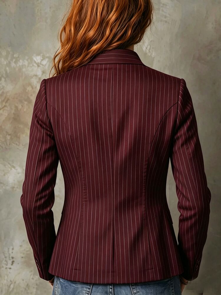 SHEIN Women's Autumn/Winter Striped Long Sleeve Single-Breasted Casual Commute Lightweight Jacket - Burgundy - View 2