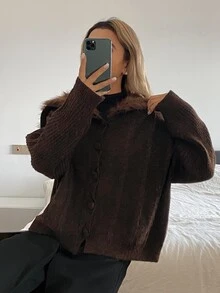 DAZY Women's Loose Casual Cardigan With Fur Collar Winter - Brown - View 6