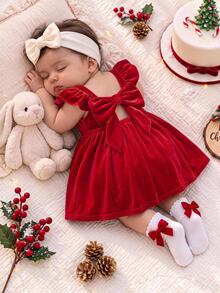 SHEIN Baby Girl Knitted Velvet Solid Color Square Neck Ruffle Casual Dress,Robe Elegante Chic,Red Dresses,Fall Dress ,Christmas - Red - View 6