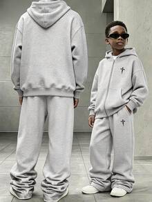 SHEIN Teen Boy Cross Pattern Hoodie And Pants Casual Daily Outfit - Grey - View 1
