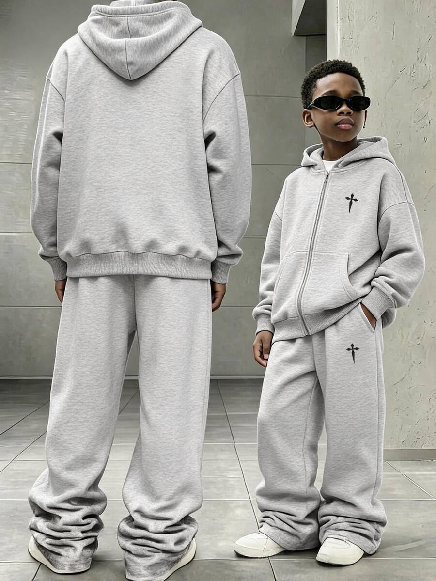 SHEIN Teen Boy Cross Pattern Hoodie And Pants Casual Daily Outfit - Grey - View 1