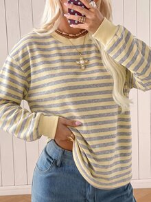 SHEIN EZwear 大尺碼女款條紋休閒百搭日常長袖T恤 秋季 - 彩色 - 查看 1